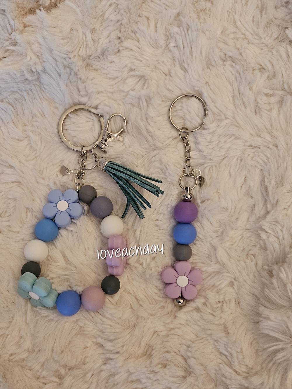 Handmade☆Pastel Flower Beaded Keychain - Lavender & Teal